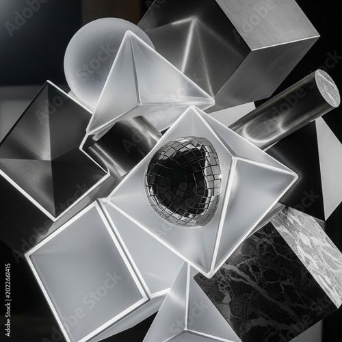 Geometric shapes composition, abstract art, modern design, monochrome.