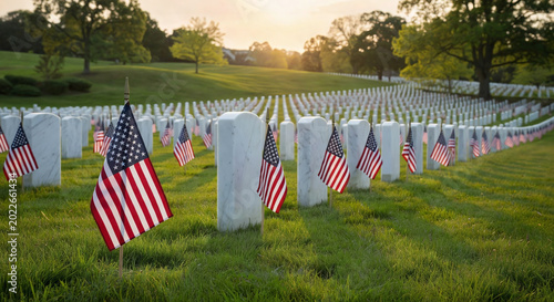 American flags at military cemetery graves on Memorial Day at golden hour