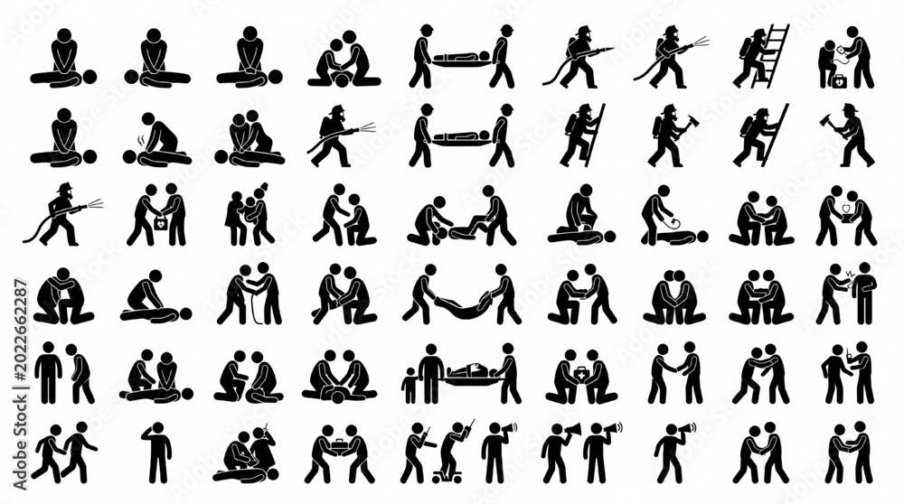 Fototapeta premium Emergency Response Silhouette Set Featuring Firefighter Paramedic CPR Rescue and Medical Evacuation Actions