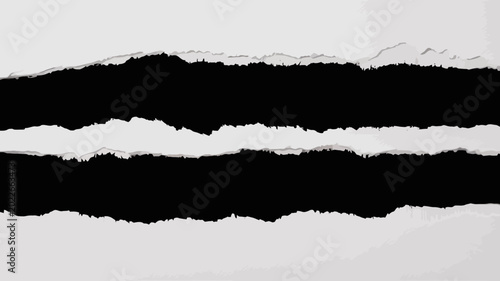 Photos torn paper strips with jagged edges alternating black and white layers on a whit