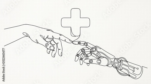 Continuous line art of a human hand touching a robotic hand, medical cross symbol in background, minimalist, black and white.High definition. Area for copy space