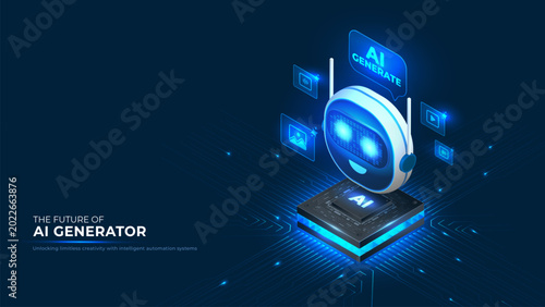 Artificial intelligence robot generating digital content and data. Vector illustration