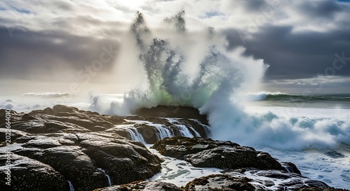 Powerful ocean waves crash dramatically against rocky shore under dramatic sky