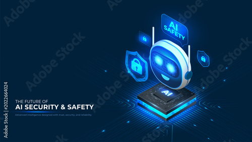 Ai safety robot protecting artificial intelligence processor. Vector illustration