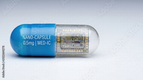 Macro photography of a microchip embedded in a medical capsule pill, extreme close-up, sharp focus, studio lighting.High definition. Area for copy space