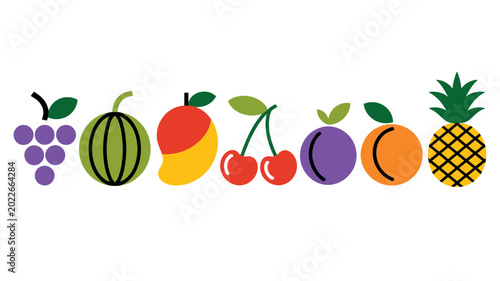 Colorful row of flat fruit illustrations on a white background including grapes watermelon and pineapple