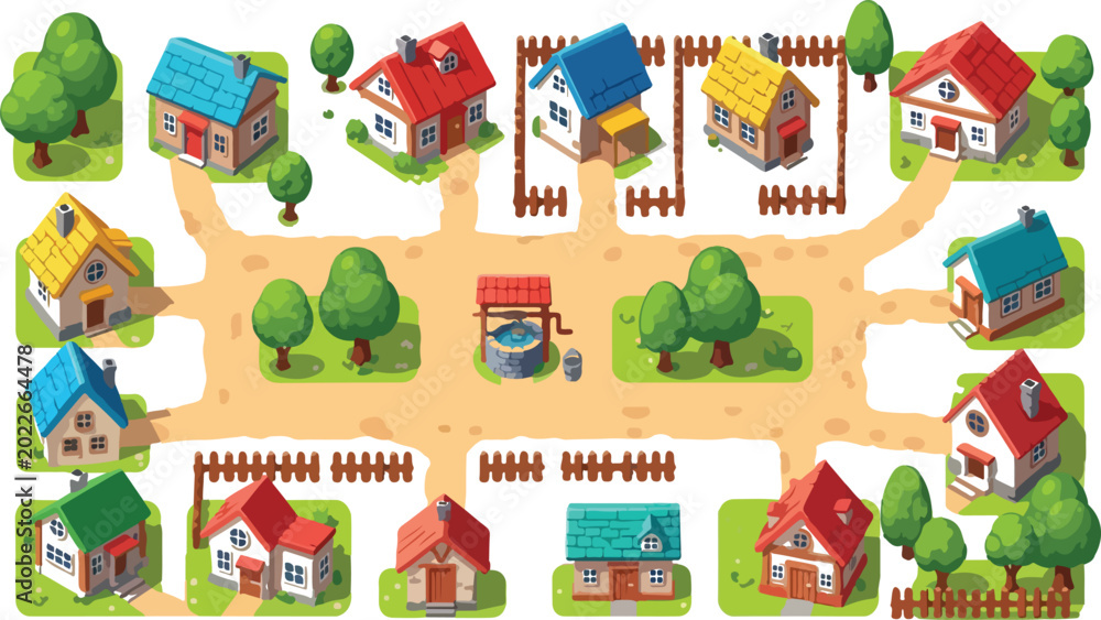 Naklejka premium Isometric village map vector, cartoon neighborhood with small houses and trees, rural town landscape game assets set