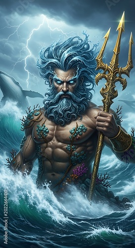 Powerful sea god emerges from stormy ocean waves, holding trident