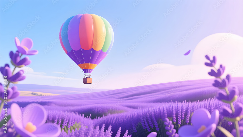 Fototapeta premium Dreamy scenery illustration of a hot air balloon in a lavender flower sea