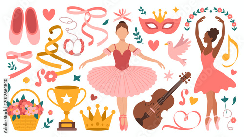Bild auf Leinwand ballet illustration with dancer pointe shoes and musical instruments on a white