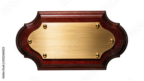 Canvas Print Ornate wooden plaque with polished brass plate and brass rivets, isolated on tra