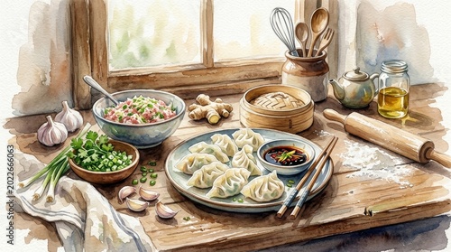 Dumplings sit on a rustic kitchen table with herbs and sauce.