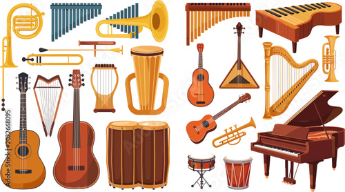 Fotografie Classical and Traditional Musical Instruments Vector Set Featuring Grand Piano A