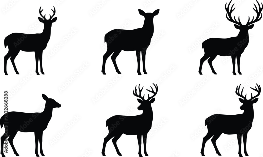 Fototapeta premium Deer Silhouette Collection with Stag and Doe Poses Isolated Wildlife Animal Vector Illustration Set