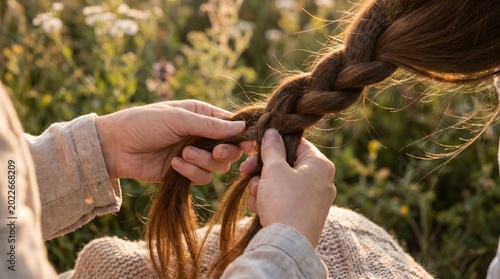 A person is braiding long brown hair outdoors in a natural, sunlit setting with wildflowers in the background.