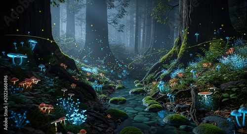 Enchanted Forest Scene with Glowing Mushrooms and Water.
