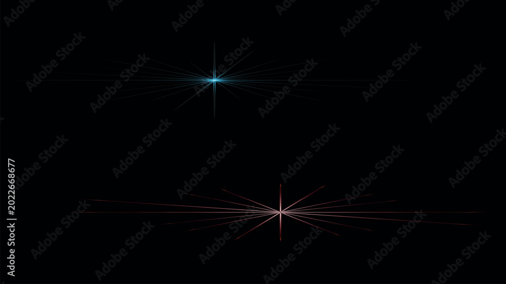 Fototapeta premium Abstract glowing light effect with blue and red starburst lens flare lines on black background for digital design and visual effects