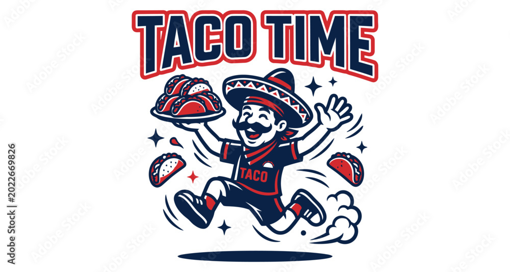 Fototapeta premium Man in sombrero running with tacos during fiesta Vector Silhouette Isolated on white background