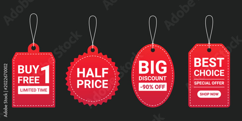 Photos Four red sale tags with different offers and white text on a black background