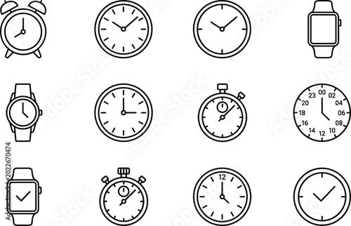 Tableau sur toile Clock and smartwatch outline icons set with timekeeping symbols for scheduling,