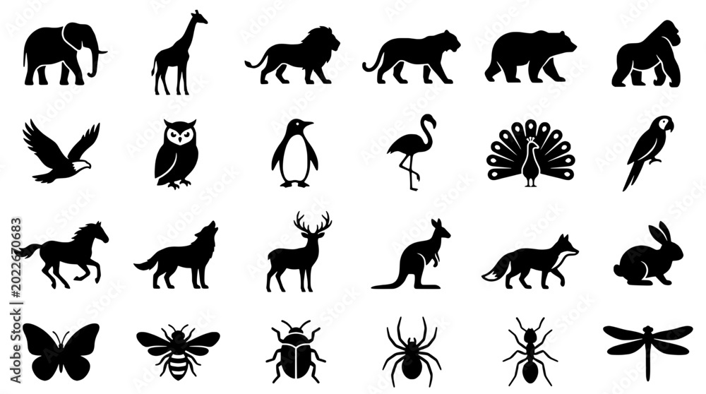 Obraz premium Animals wildlife silhouette set featuring elephants, birds, cats, dogs, deer, butterflies, and insects for nature icons