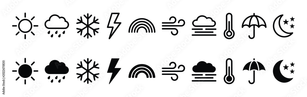 Fototapeta premium Weather Forecast Icon Set Vector Collection with Sun Rain Snow Lightning Rainbow Wind Fog Thermometer Umbrella Moon Star for Weather App UI Design