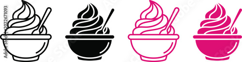Fotografie Set of soft serve ice cream icons in a bowl with a spoon in black and pink color