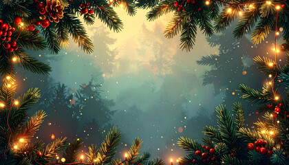 Festive christmas backdrop with pine branches and glowing fairy lights