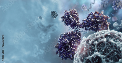 Fotografie Monoclonal antibody binding viral surface: immune neutralization process in extracellular environment
