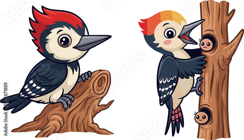 Photos Cute Cartoon Woodpecker Bird Character Set Sitting on Tree Trunk and Pecking Nea