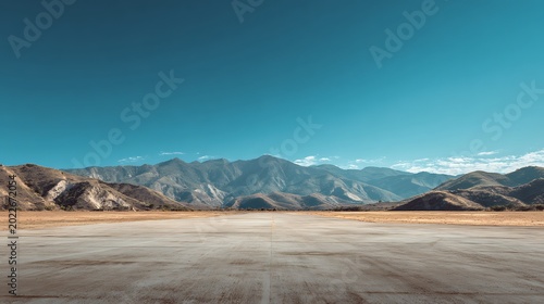 Awesome photo of view of a wide concrete runway leading to mountains in a remote landscape.