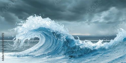 Fotografía Massive breaking ocean wave with stormy dark clouds overhead breaking crashing d