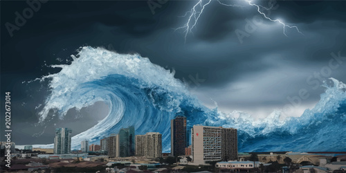 Photos Giant tsunami wave devastating city skyline under stormy sky with lightning dest