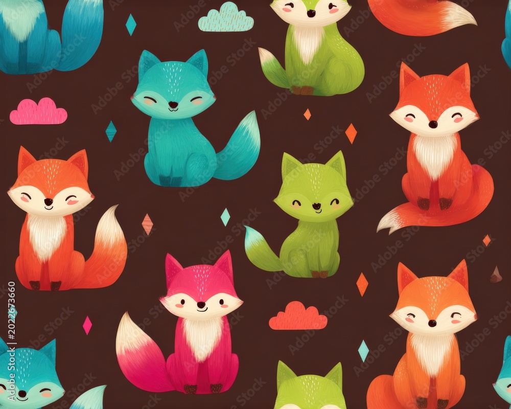 Fototapeta premium Adorable Kawaii Style Foxes in Various Vibrant Colors Scattered with Cute Clouds and Gems on a Dark Brown Background