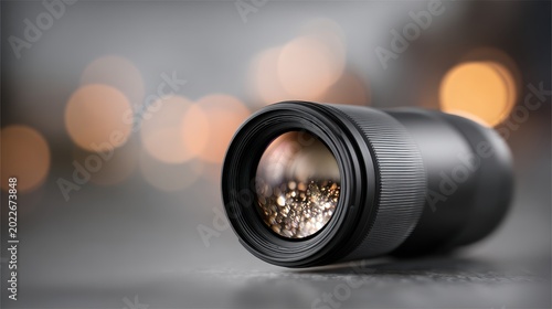 Close-up View of a High-Resolution Camera Lens Reflecting Bokeh Lights