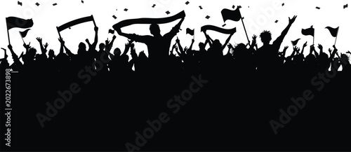 Cuadro en lienzo Cheering soccer crowd silhouette waving banners and flags during match event background with confetti for sport victory celebration posters and digital marketing campaign assets
