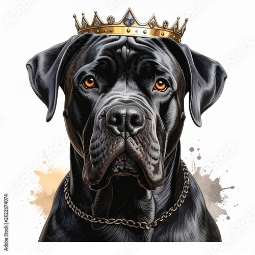 Regal black dog wears crown