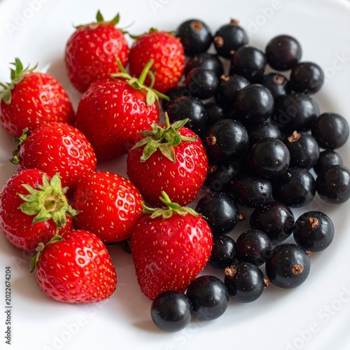 Red and black berries on plate