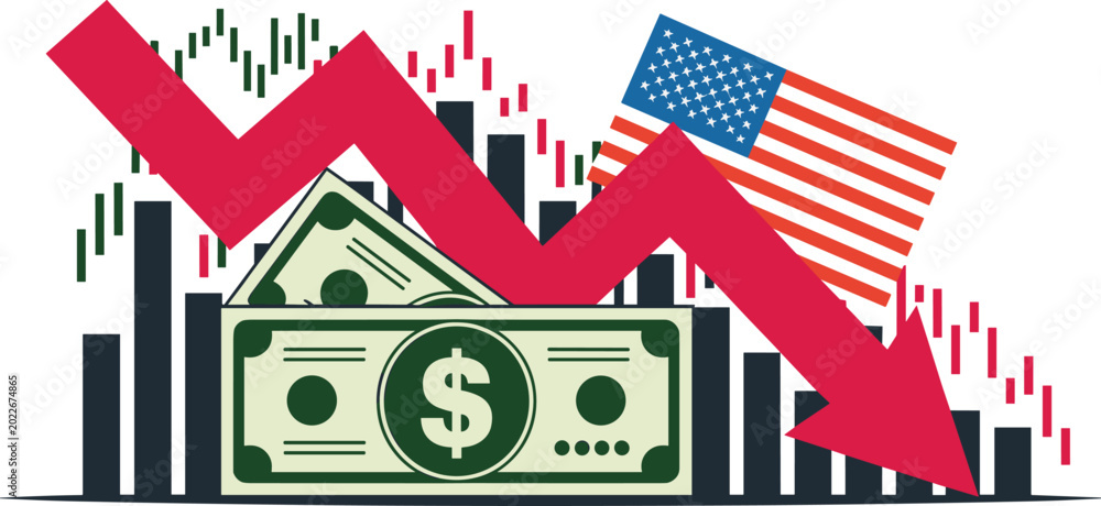 Fototapeta premium American economic decline vector illustration with USA flag falling charts and dollar cash isolated background