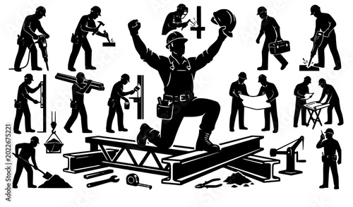 Tableau sur toile Construction worker silhouettes vector collection with industrial labor and engi