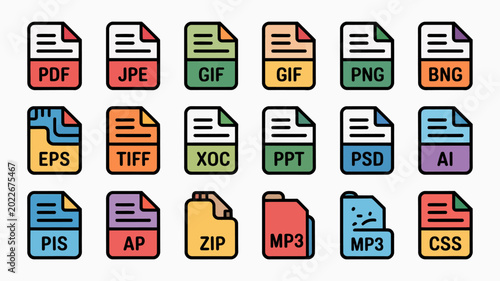Obraz na plátně collection of colorful file format icons with document shapes and file extension