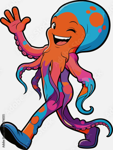 A vibrant cartoon anthropomorphic octopus mascot walking and waving, with a joyful winking smile and colorful patterned tentacles and body.