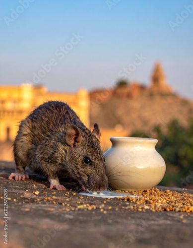 Rat drinks from small pot