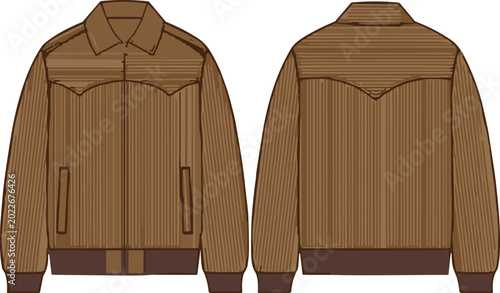 Tableau sur toile Men Western Corduroy Bomber Jacket Technical Fashion Sketch Vector Template with