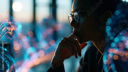 A silhouetted figure in glasses thinks calmly surrounded by glowing softly defocused digital swirl patterns in a bright modern space deep thinking faceless silhouette modern