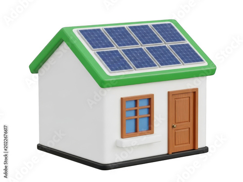 A small white house with solar panels on the green roof isolated on transparent background
