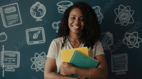 Smiling Black woman holds books, stands by blackboard with school drawings. She looks like a teacher or student ready for class at university or college.