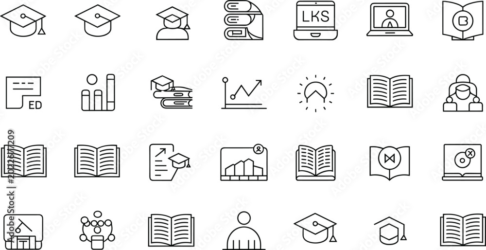 Fototapeta premium Minimal education outline icon vector collection with online learning and academic symbols isolated on white background