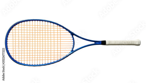 Photos Blue tennis racket with orange strings and white grip, isolated on transparent b