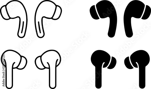 Collection of wireless earbuds in black and white line art styles